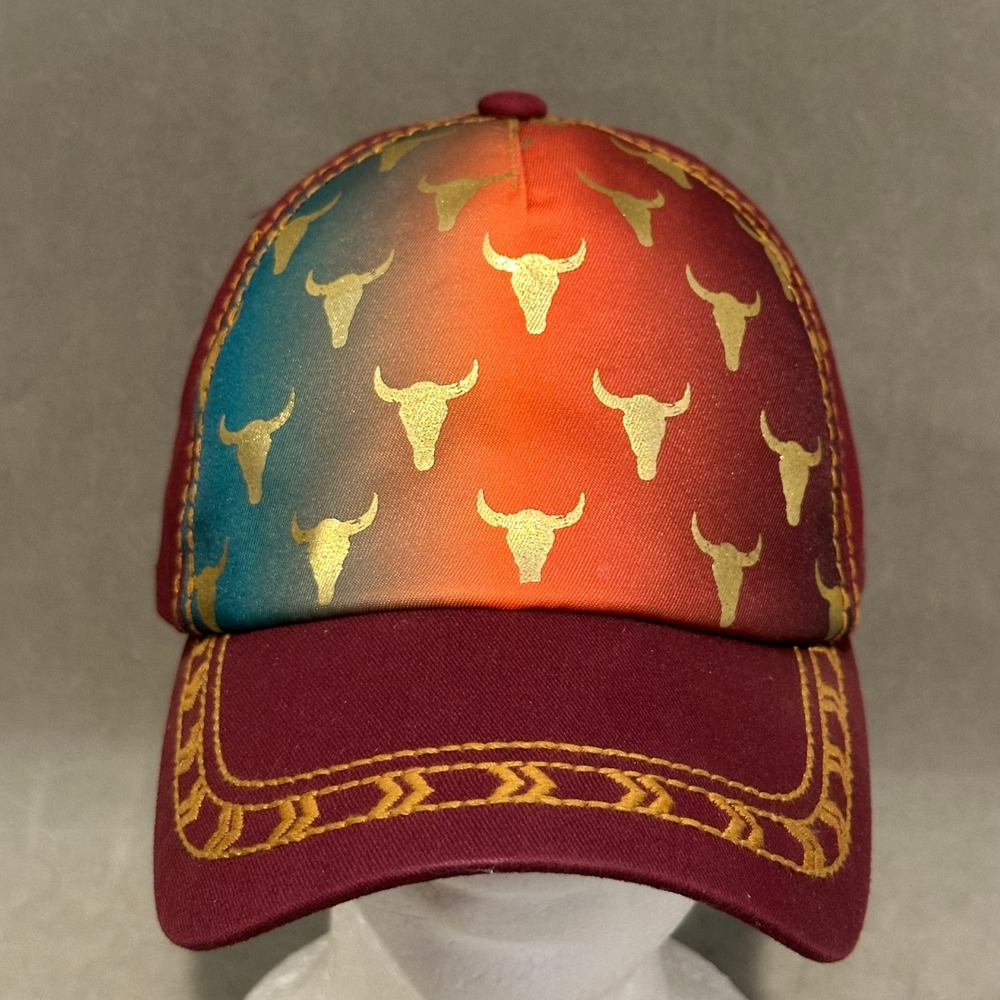 Catchfly Ponytail Baseball Cap Burgundy Ombre Gold Steer Head Western Hat